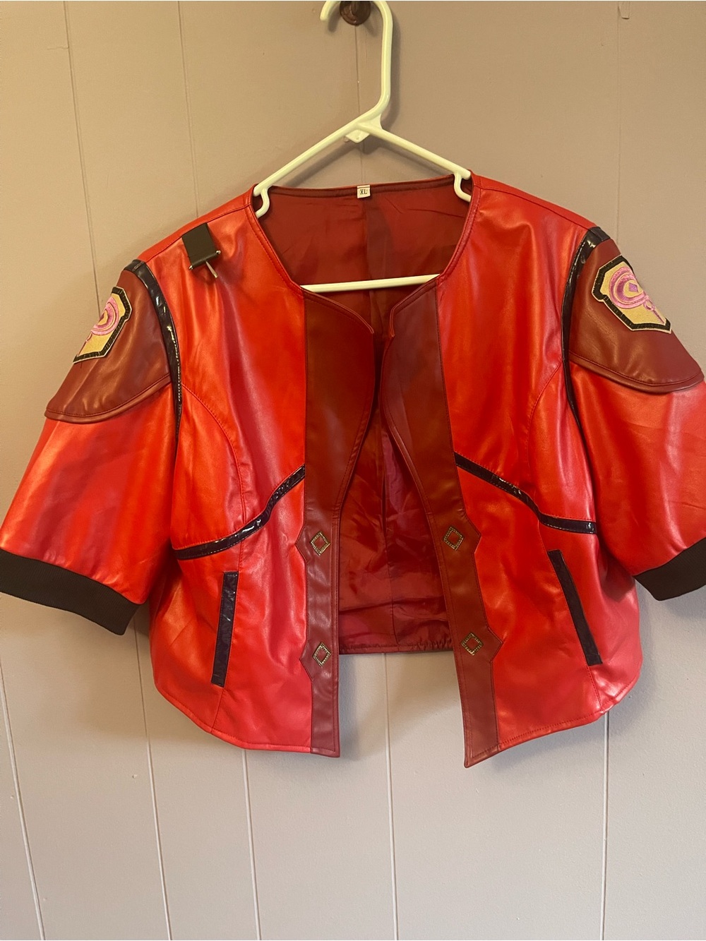 Source Unknown Red Short-Sleeve Faux Leather Jacket with Black Trim